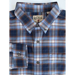 Red Head Brand Co. Men's Large Orange Blue White Plaid Long Sleeve‎ Button Down